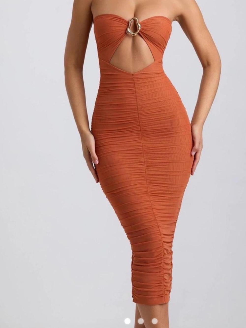 Oh Polly Ruched Strapless Midi Dress in Burnt Orange